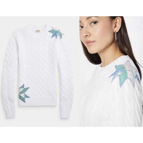Polo Ralph Lauren Sweater Patchwork Appliqué Quilt Cotton White M Cable knit - Picture 1 of 11